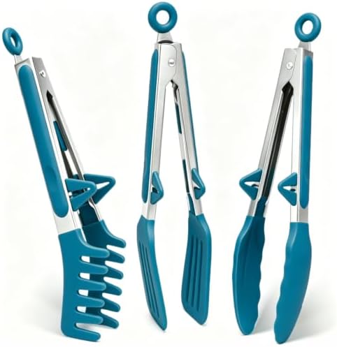 9" Kitchen Tongs for cooking with Silicone Tips, Salad Tongs, Peacock Blue