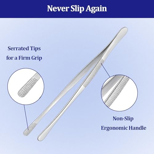 12-inch Stainless Steel Cooking Tongs & Tweezers, Non-Slip Grip & Serrated Tips for Grilling, Baking, Garnishing, BBQ, Kitchen & Craft Use (Round Tip)