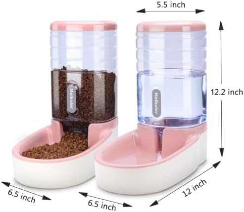 Meikuler Automatic Dog Cat Feeder and Water Dispenser Set,Waterer and Gravity Food Feeder for Small & Medium Dogs Cats Puppies,Large Capacity 1 Gallon x 2(Pink)