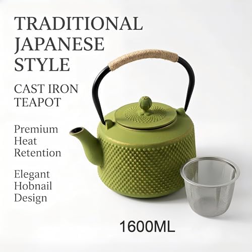 Tea Kettle, 54oz Large Green Cast Iron Teapot for Stovetop, Tea Pot