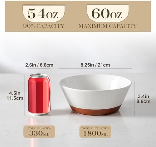 MALACASA Salad Bowls Set of 4, Soup Bowls for Kitchen, 60oz Ceramic Bowl