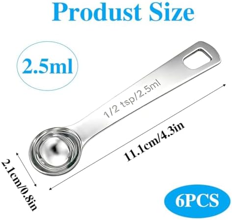 6PCS Measuring Spoons Set(1/2 Tsp, 2.5ml), Teaspoon Measuring Spoons Stainless Steel Short Compact Kitchen Scoops for Spices, Baking, and Everyday Cooking