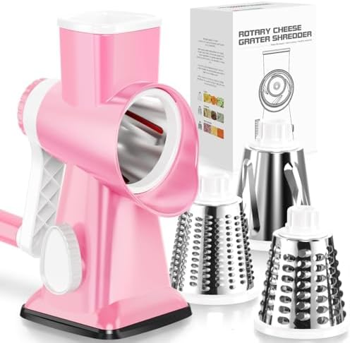 KEOUKE Rotary Cheese Grater Hand Crank Pink - Shredder Slicer Grinder 3 Stainless Steel Blades, Stable Suction, Labor-Saving Handle, Safe Kitchen Tool for Cheese, Vegetable, Nuts, Chocolate