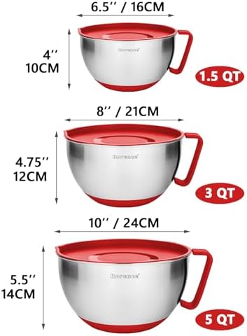 Rorence Stainless Steel Mixing Bowls Set with Lids,1.5,3 & 5 Qt,Red