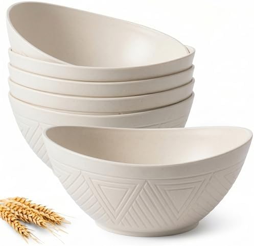 Homienly Salad Bowls Set of 6, 60 OZ Large Wheat Straw Bowls for Kitchen, Camping, Party, Unbreakable Lightweight Popcorn Bowl, Microwave and Dishwasher Safe Bowl Set with Unique Texture - Beige