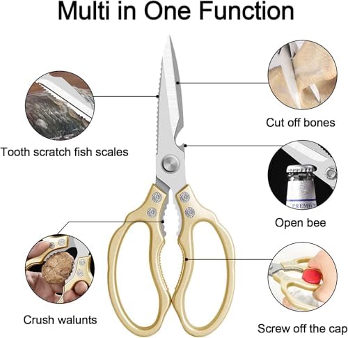 Premium Kitchen Shears 2-Pack Heavy Duty Poultry & Meat Scissors, Japanese Kitchen Scissors for Meat, Chicken Bones, and Turkey (Silver+Golden)