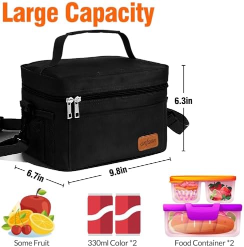 ONFAON Lunch Bag for Men/Women, Insulated Reusable Lunch Box Leakproof Cooler Tote Bag Freezable with Adjustable Shoulder Strap for Office Work Picnic Beach(Black)