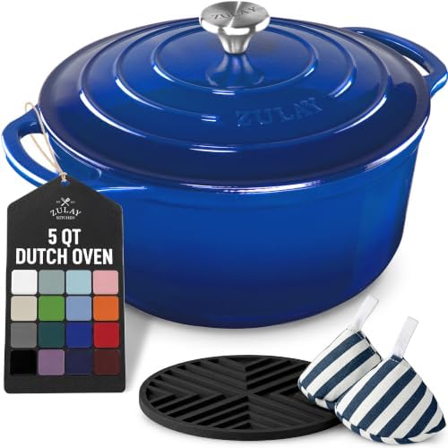 Zulay Kitchen 5 Quart Enameled Cast Iron Dutch Oven Pot with Lid – Premium Durability & Oven Safe up to 500°F – Heavy Duty Cookware Perfect for Bread Baking, Stews, Braising & Roasting – Blue