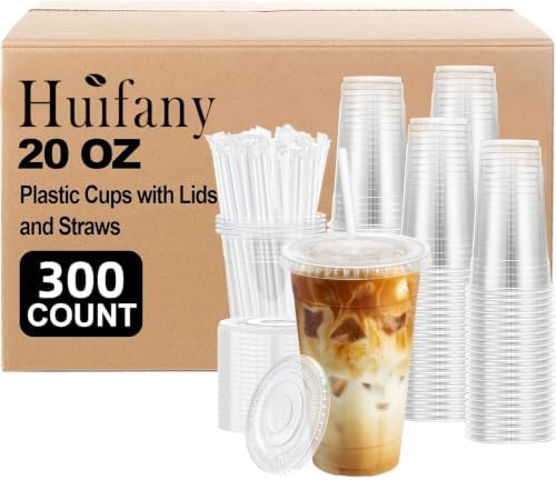 20 oz 300 Pack Clear Disposable Plastic Cups with Lids and Straws