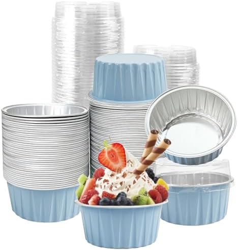 100Pcs Aluminum Cups with Lids,5oz Disposable Ramekin Baking Cups Muffin Liners Mini Pie Pans Foil Cupcake Containers for Christmas Party Wedding Party,Sky Blue