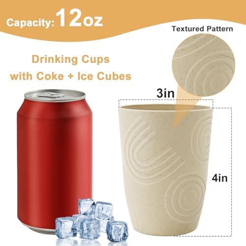 12oz Kids Cups, Wheat Straw Cups Set of 6, Small Water Cups (Beige)