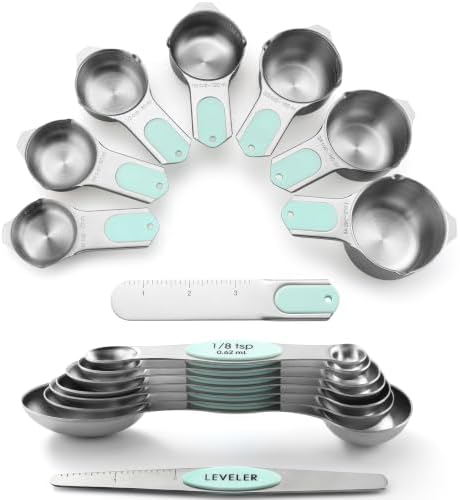 Spring Chef Magnetic Measuring Cups & Spoons Set of 15 with Levelers, Mint