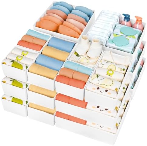 DIMJ Drawer Organizer Clothes, 18 Pack Dresser Organizer, Foldable Closet Organizers and Storage, Fabric Bins, Drawer Dividers for Nursery, Baby Clothes, Underwears, Sock (White)