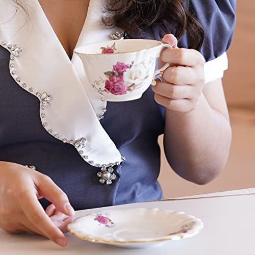 Ceramic Tea Cups Coffee Cup and Saucers Set of 4 (Rose)