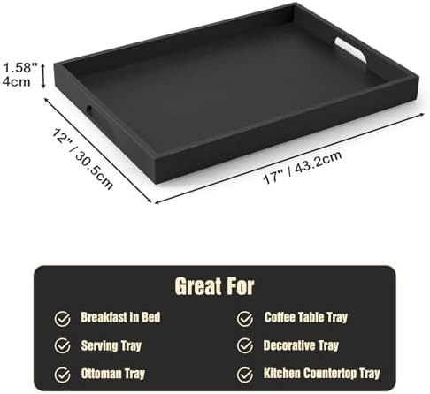 17 Inch Wood Serving Tray with Handles - Large Wooden Tray for Ottoman, Breakfast in Bed, Dinner, Coffee Table - Black Rectangular Tray for Living Room Bedroom Entryway and Kitchen