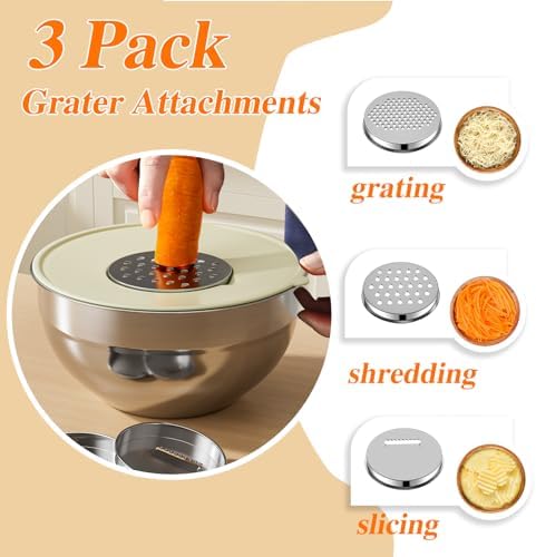 Mixing Bowls with Lids Set, 6 PCS Stainless Steel Mixing Bowls with 3 Grater Attachments, Kitchen Food Storage Organizers Nesting Mixing Bowl, Large Size 4.5, 3.5, 2.1, 1.5, 1.1, 0.7QT