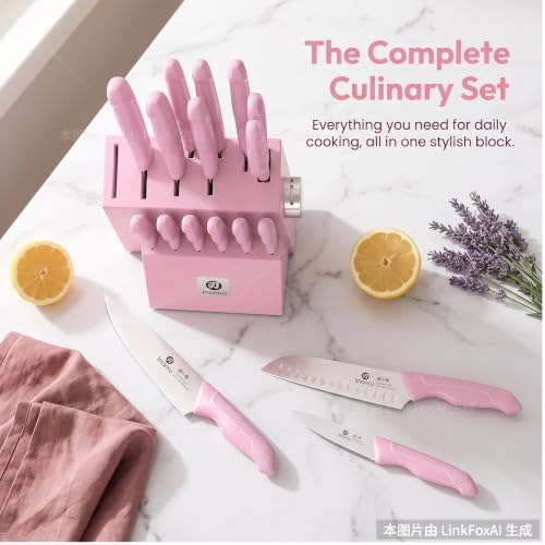 imarku Pink Kitchen Knife Set, 14-Piece Knife Set with Block and Sharpener