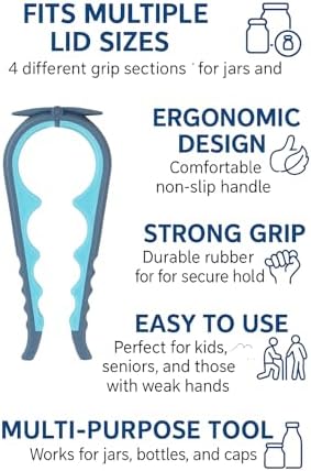Jar Opener Bottle Opener and Can Opener for Weak hands - Seniors with Arthritis and Anyone with Low Strength - Mutil Jar Opener Get Lids Off Easily - Blue and Grey