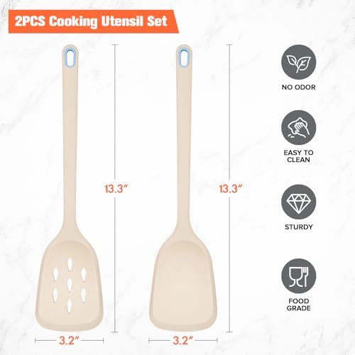Silicone Spatula Set of 2 Pack, Heat Resistant Solid&Slotted Turner (KHAKI)