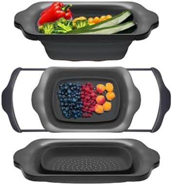 Comfify Over-the-Sink Colander with Handles – Sleek Plastic Black Kitchen Strainer for Pasta, Vegetables & Fruits – Space-Saving Design – 17.1 x 10.2 x 1.75 Inches