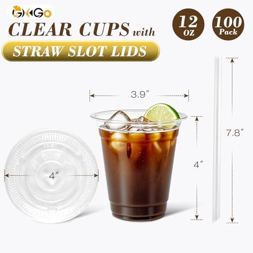 Ginkgo 100 Pack 12 oz Plastic Iced Coffee Cups with Lids and Straws