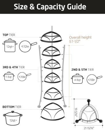 KES 264 Lbs Capacity Freestanding Pot Rack, 6-Tier Cast Iron Cookware Stand with 6 Hooks, Pots and Pans Storage Tower for Kitchen Corner, Stable Base, Anti-tip Strap & Floor Protectors, Black