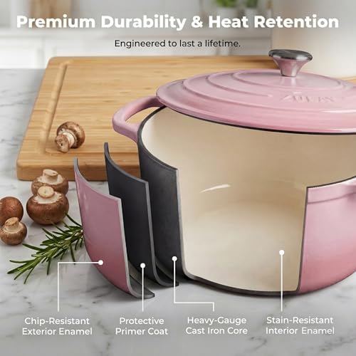 Zulay Kitchen 5 Quart Enameled Cast Iron Dutch Oven Pot with Lid – Premium Durability & Oven Safe up to 500°F – Heavy Duty Cookware Perfect for Bread Baking, Stews, Braising & Roasting – Pink