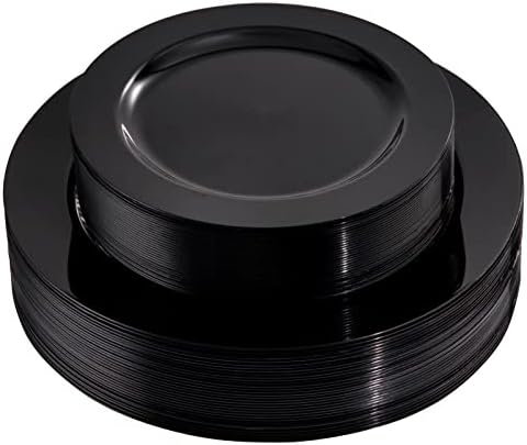 FLOWERCAT 60PCS Black Plastic Plates - Heavy Duty Black Disposable Plates for 30 guests Birthday Party/Wedding/Halloween- Include 30PCS 10.25inch Dinner Plates and 30PCS 7.5inch Dessert Plates