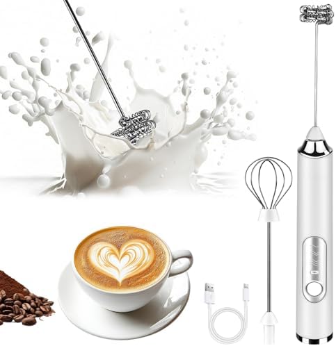 Milk Frother Handheld, Rechargeable Coffee Frother Wand, Drink Mixer, White