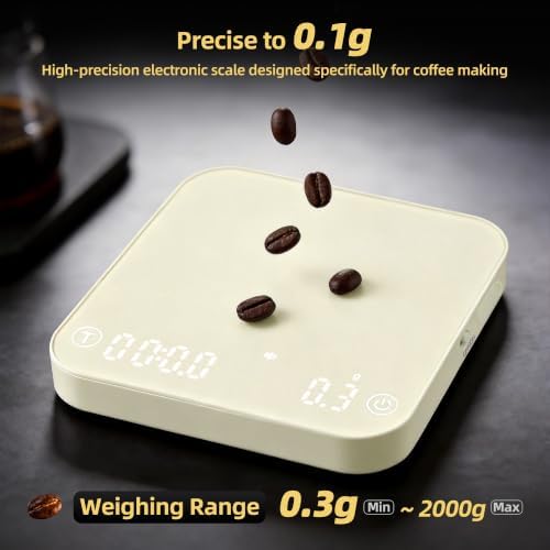 ShanSon Mini Coffee Scale with Timer,0.1g High Precision Espresso Scale,2kg/0.1g Digital Kitchen Scale with Flow Rate,USB-C Rechargeable,Waterproof Surface,Auto Timer for Pour Over & Espresso,Beige
