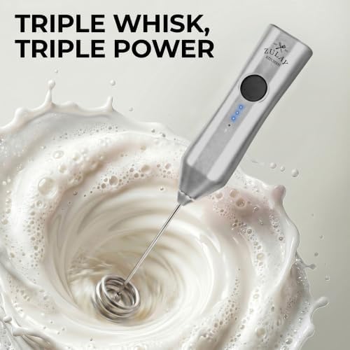 Zulay Kitchen Rechargeable Milk Frother Handheld - Frother Wand, Drink Mixer, Electric Whisk Frother, for Cappuccinos, Matcha & Protein Powder - Dynamic Triple Whisk, 3 Speed 500mAh Silver