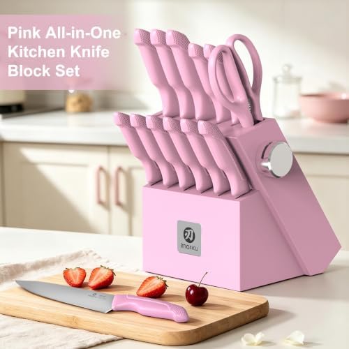 imarku Pink Kitchen Knife Set, 14-Piece Knife Set with Block and Sharpener