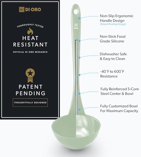 DI ORO Silicone Ladle - Soup & Serving, 600F Heat Resistant, Sage