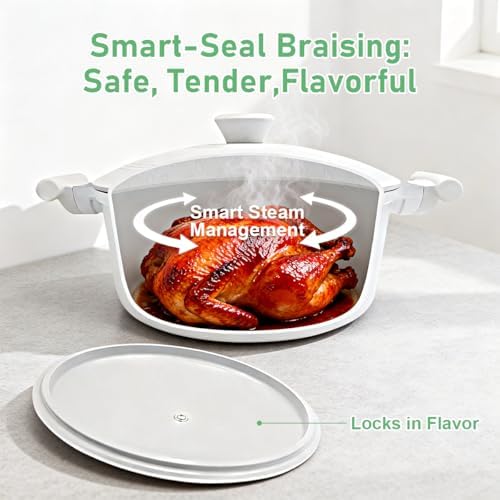 AIKENBBKK 7 Quart Lightweight Dutch Oven Pot with Lid, Ceramic Cooking Pot Nonstick, Nonstick Soup Pot for Stews Braising and Frying, Induction Pot for All Stoves, Stay-Cool Handle, PFOA Free, White