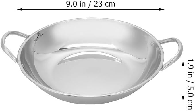 Double Handle Cooking Wok Flat Bottom Pan Stainless Steel Kitchen Pot for Hot Pot Stew and Seafood 9.05X8.66X1.96 Inch