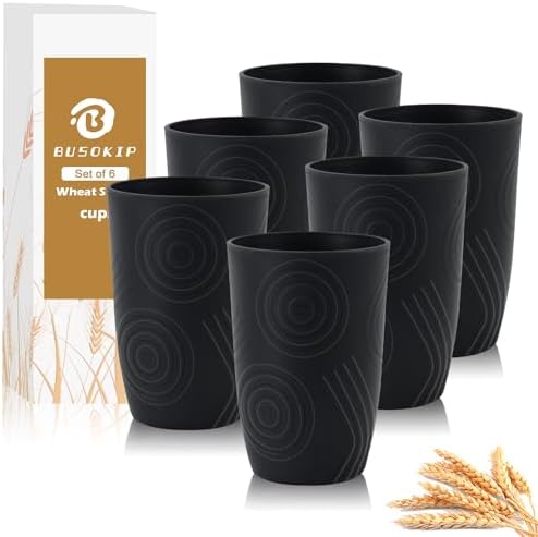 Wheat Straw Cups 6 Pcs, 16 OZ Plastic Drinking Cups (Black)