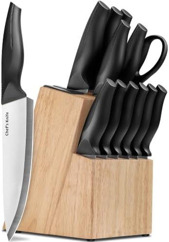 14 Pieces Kitchen Knife Set with Block, German Stainless Steel, BlackSilver