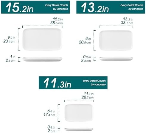 vancasso Stern Serving Platters Set of 3, 11/13/ 15 Inches Rectangular Ceramic Serving Plates, White Serving Trays for Entertaining