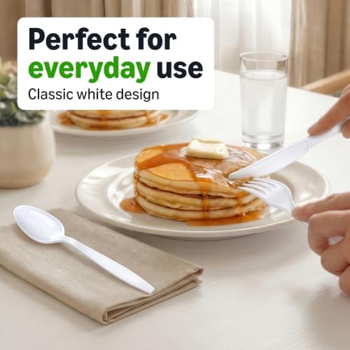 Amazon Basics Disposable Everyday White Assorted Cutlery Set, 192 Count, Combo Pack, Forks, Spoons, and Knives