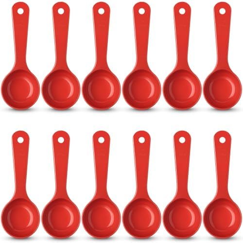 Carlisle FoodService Products 7.10 " 2 Ounce Solid Measuring Spoon – Flat Bottom – Portion Control Spoon – Short Handle Spoon, Red, (Pack of 12)