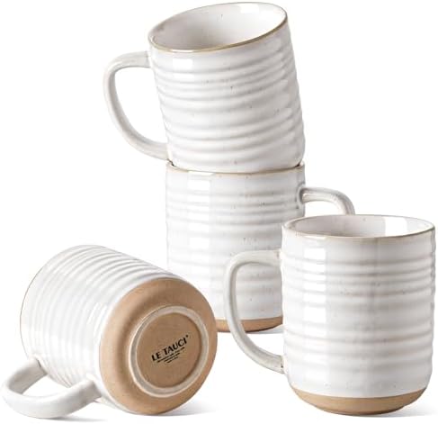 LE TAUCI Ceramic Coffee Mugs Set of 4, 15 oz, Rustic Style, Arctic White