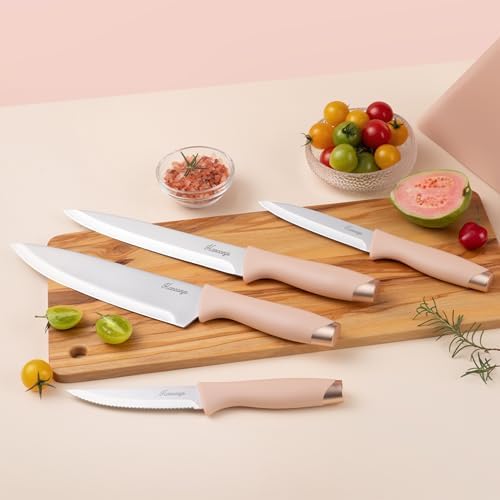 Knife Set, 15 PCS Pink Knife Block Set with 2-Step Sharpener