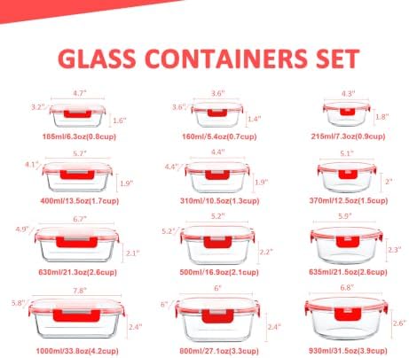 KOMUEE 24 Pieces Glass Food Storage Containers Set, Red