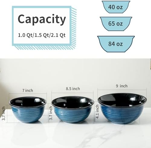 HASENSE Mixing Bowls, Ceramic Serving Bowls Set for Cooking, Baking, Prepping, Large Nesting Bowls for Salads, Fruit, Popcorn, 2.1/1.5/1.0 Qt, Dishwasher & Microwave Safe, Blue