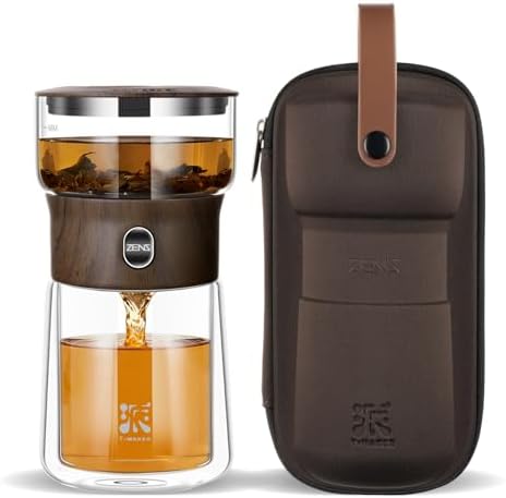 ZENS Small Glass Tea Infuser Pot, One Touch Tea Maker for Loose Tea, Walnut