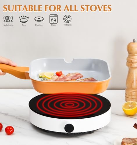 KOCH SYSTEME CS 9.5 Inch Nonstick Grill Pan for Stove Tops, Square Frying Pan with Pour Spouts, Square Pan for Indoor Cooking, Grill Skillet with Bakelite Handle, PTFE & PFOA Free, Copper