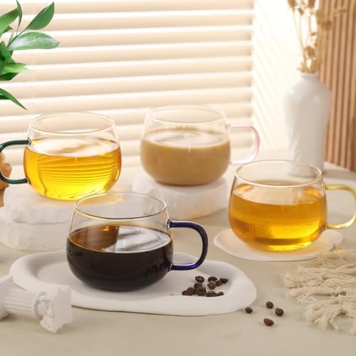 Glass Tea Cups Set of 4, Clear Borosilicate Glass Teacups with Colorful Handle for Tealover, Dishwasher & Microwave Safe Large Coffee Mugs for Espresso Cappuccino Latte Juice, 12OZ/360ML