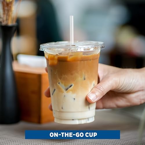 Freshware Clear Plastic Cups with Flat Lids and Straws [100 Cups - 16 oz] Disposable Cup for Iced Coffee, Smoothie, Milkshake, Cold Drinks, Translucent