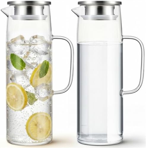 Hsei 2 Sets Glass Pitcher with Lid Water Carafe,1.5L