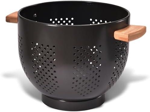 Metal Colander with Wood Handle and Stable Base, Powder Coated Steel Kitchen Strainer Basket for Draining Pasta, Vegetable and fruit (5.5quart,Bright Black)